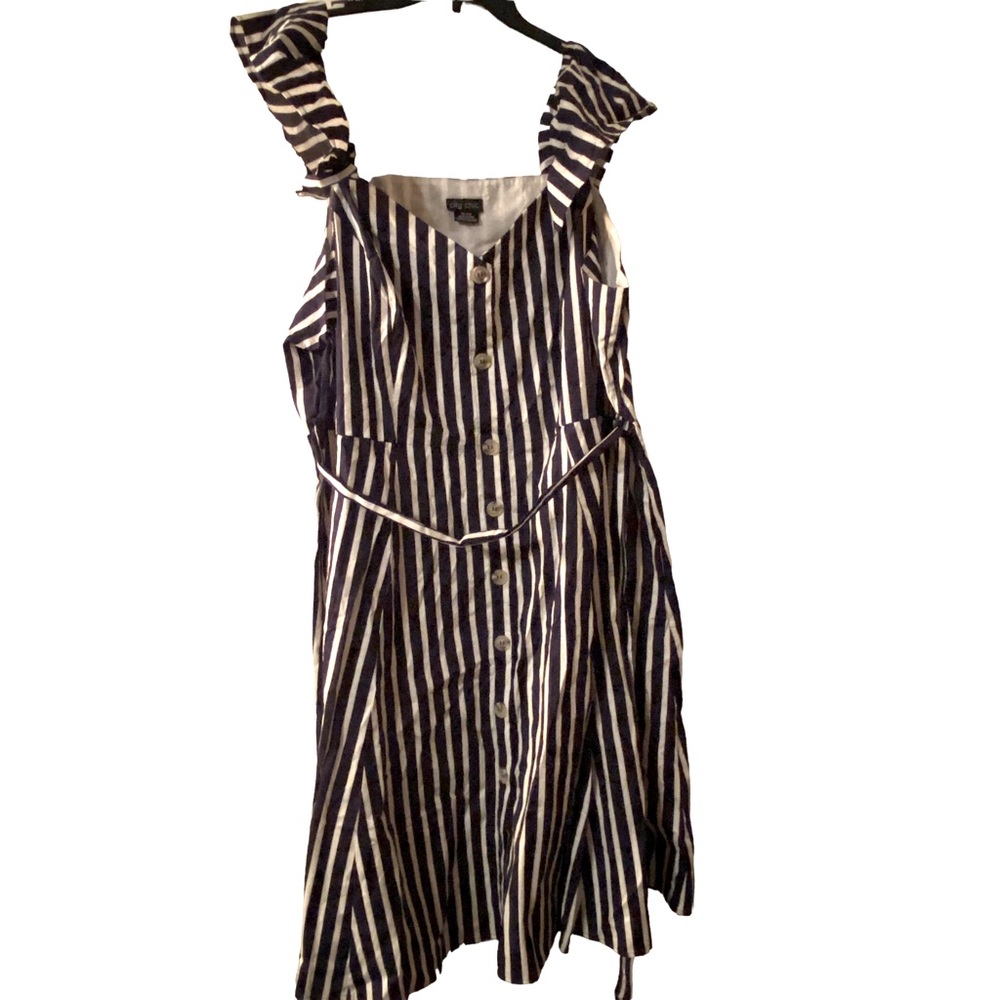 City Chic Size 22 XL Navy & White Striped Button MIDI dress